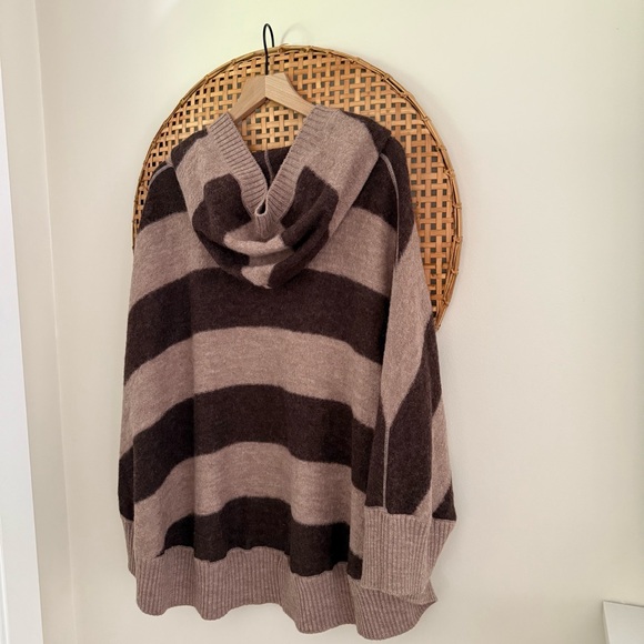 Marina Luna Women’s Wool Hooded Sweater Poncho Brown Beige Stripe Button XL - Picture 4 of 5
